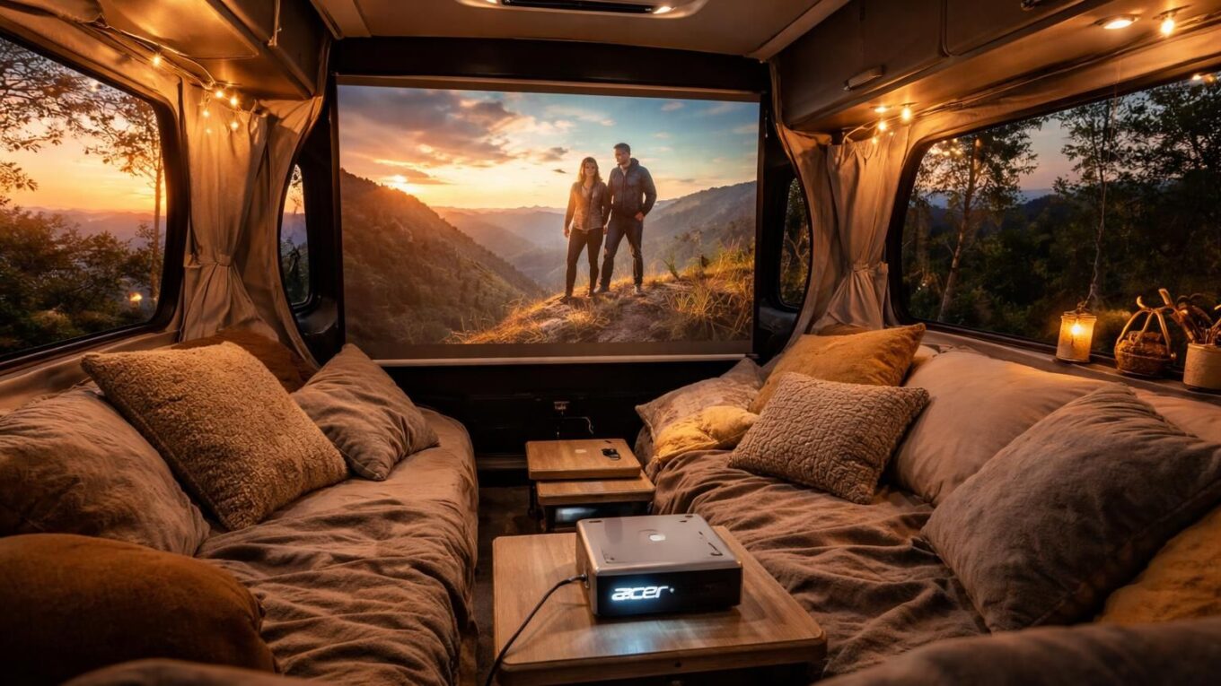 transformez votre camping-car en véritable salle de cinéma grâce au mini vidéoprojecteur acer, pour des soirées cinéma inoubliables en plein air.