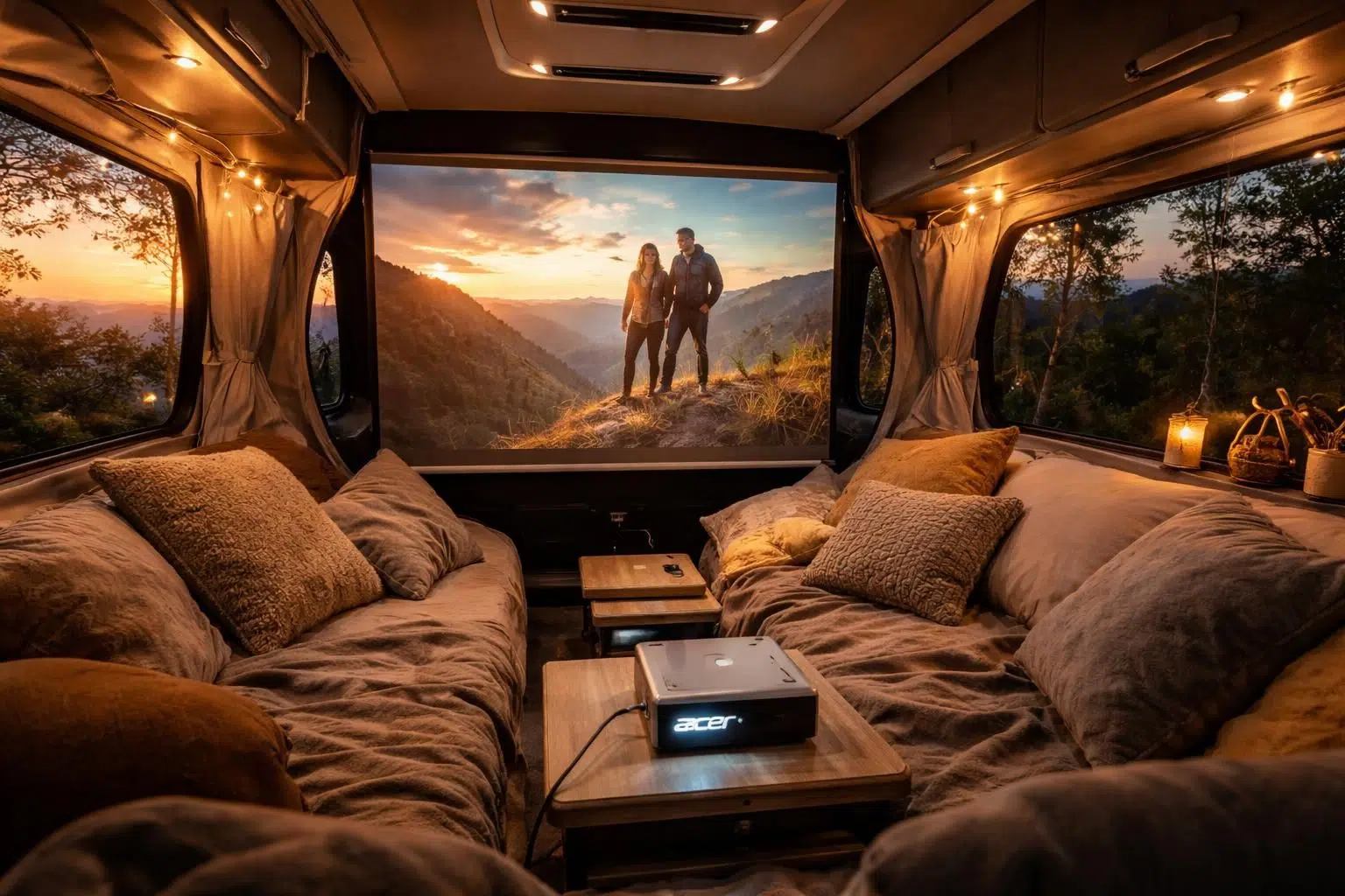 transformez votre camping-car en véritable salle de cinéma grâce au mini vidéoprojecteur acer, pour des soirées cinéma inoubliables en plein air.