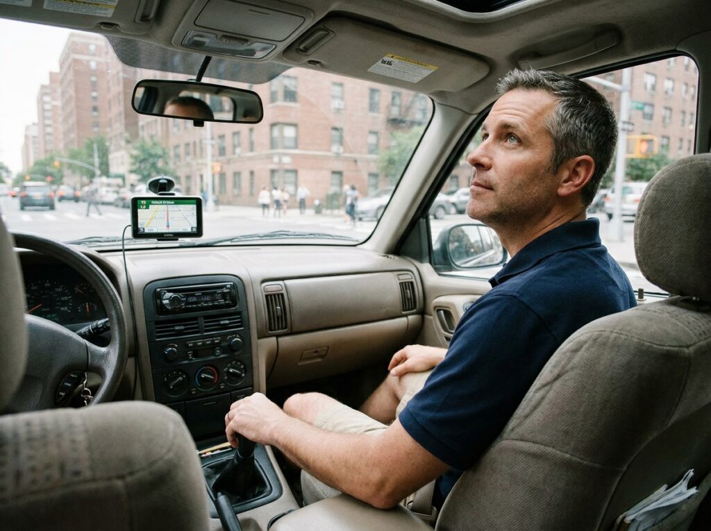 Conducteur masculin vérifiant le rétroviseur à une intersection urbaine, illustrant les bons réflexes de prudence au volant