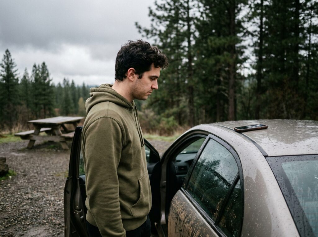 Jeune conducteur posant son téléphone sur le toit de sa voiture avant de reprendre la route, symbolisant la prudence contre la distraction au volant