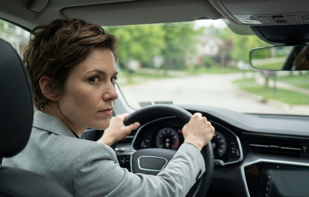 Conductrice concentrée avec les deux mains sur le volant dans une voiture moderne, adoptant une conduite sécurisée sur route