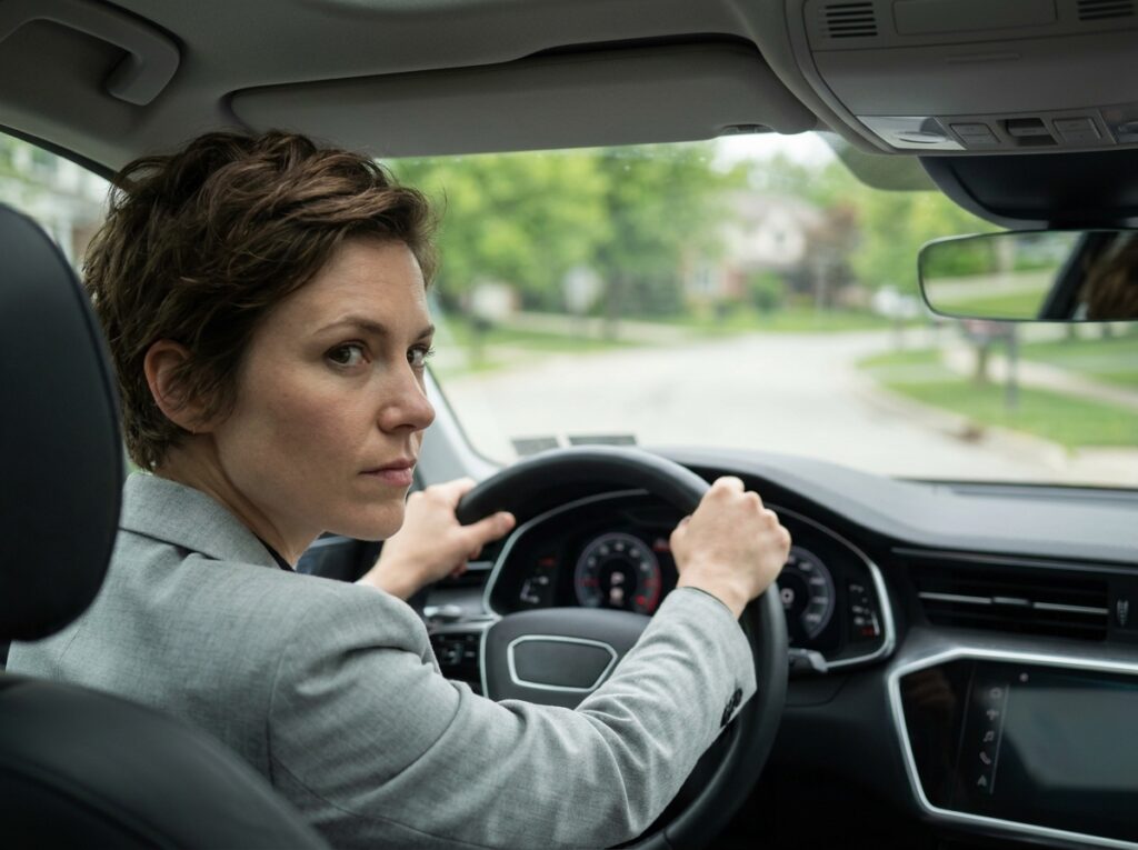 Conductrice concentrée avec les deux mains sur le volant dans une voiture moderne, adoptant une conduite sécurisée sur route