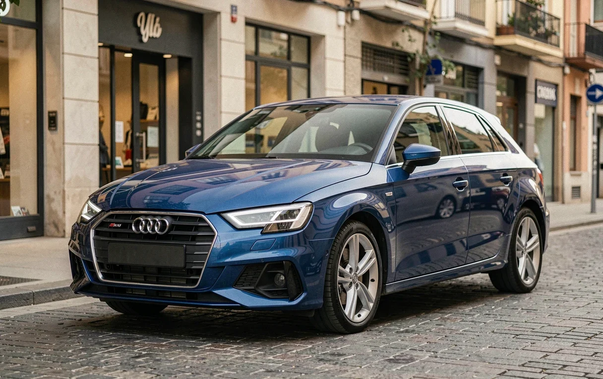 Audi A3 Sportback vue de face trois quarts en milieu urbain, gabarit compact et silhouette aérodynamique