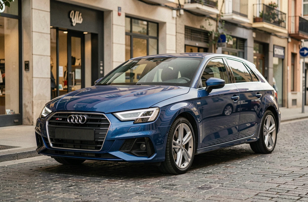 Audi A3 Sportback vue de face trois quarts en milieu urbain, gabarit compact et silhouette aérodynamique