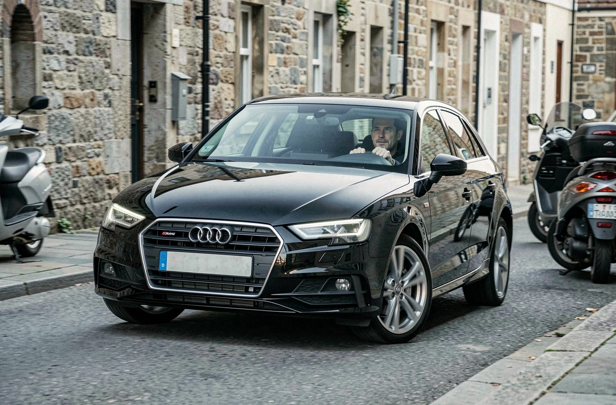 Audi A3 Sportback noire en train de tourner dans une ruelle étroite, démonstration du rayon de braquage et maniabilité