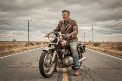 Musicien américain en veste de cuir assis sur une moto vintage des années 1960 sur une route déserte du Midwest américain, évoquant l'univers artistique de Bob Dylan