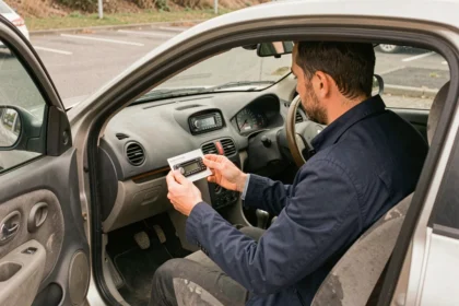 Homme consultant un code radio imprimé assis dans une Renault Clio face à l'autoradio verrouillé