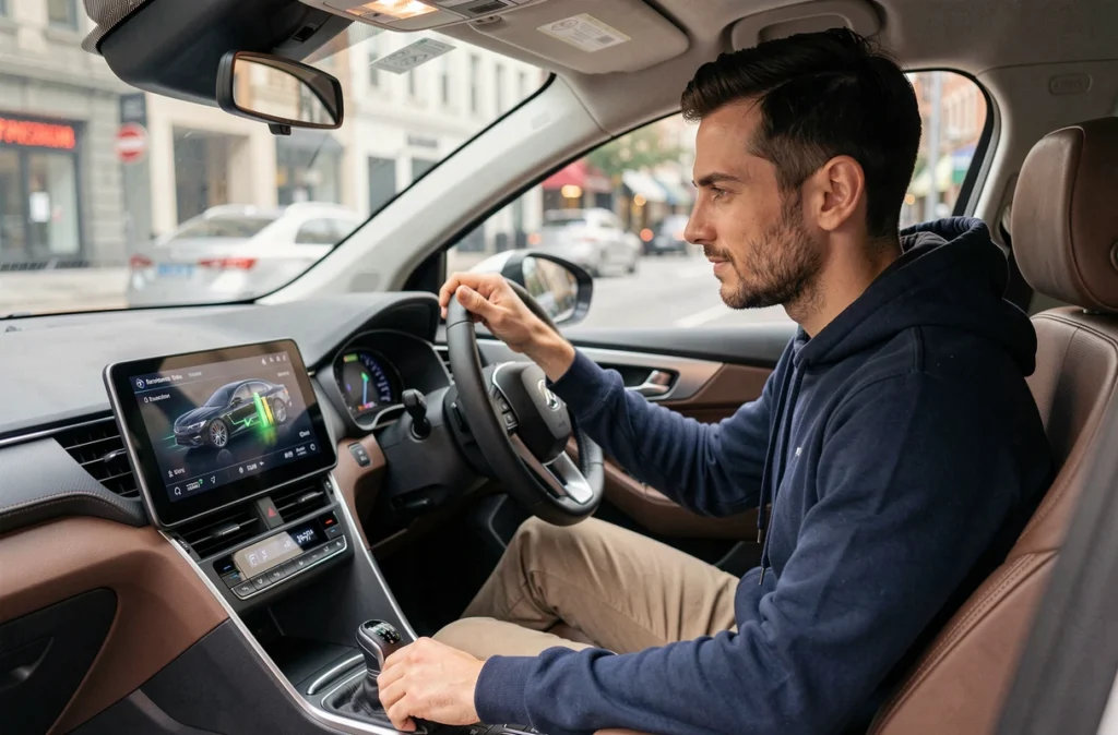 Conducteur consultant le tableau de bord numérique d'un véhicule hybride en conduite urbaine