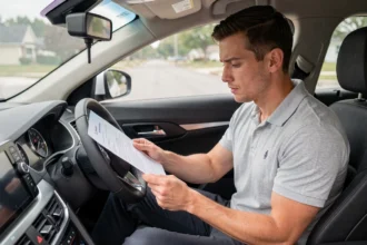Conducteur de voiture radar privée lisant son contrat de travail dans l'habitacle d'un véhicule banalisé
