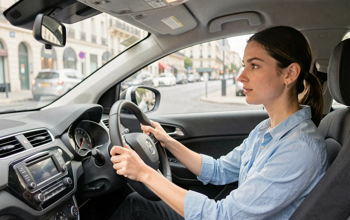 Jeune conductrice concentrée au volant d'une voiture lors d'une leçon de conduite, mains bien positionnées sur le volant, en vue intérieure 3/4