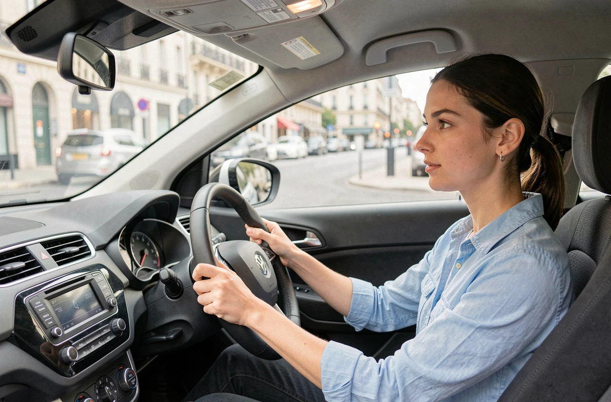 Jeune conductrice concentrée au volant d'une voiture lors d'une leçon de conduite, mains bien positionnées sur le volant, en vue intérieure 3/4