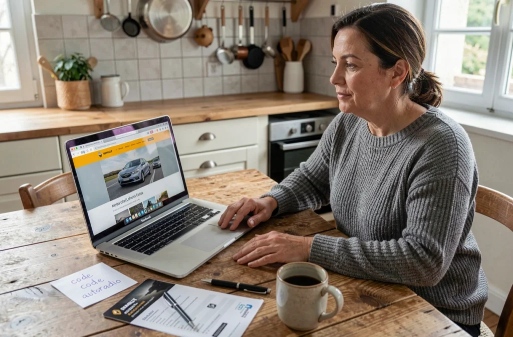 Femme effectuant une démarche en ligne pour obtenir un code radio Renault depuis son domicile