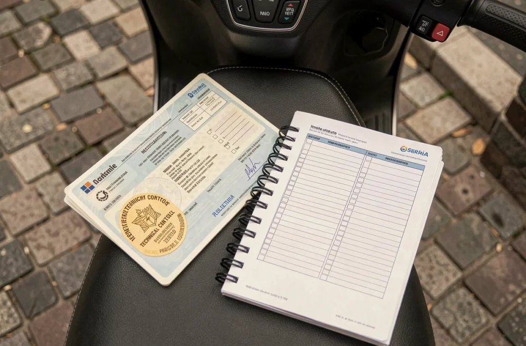 Documents de contrôle technique scooter incluant check-list et vignette de contrôle posés sur la selle