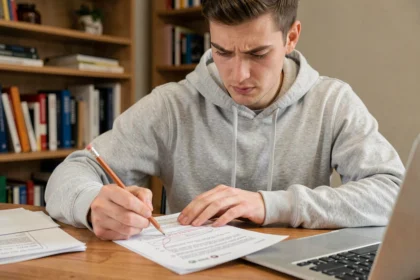 Jeune homme étudiant les questions du permis de conduire 2026 sur un document PDF corrigé imprimé, assis à un bureau en bois avec un crayon à la main