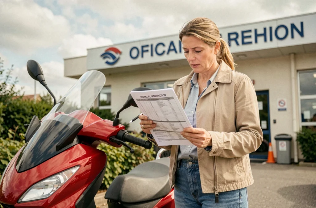 Femme vérifiant la check-list du contrôle technique de son scooter devant un centre de contrôle