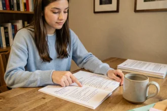 Jeune femme étudiant les questions du code de la route avec un livret annoté à son bureau