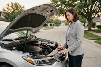 Femme examinant le moteur hybride d'une voiture moderne dans une allée résidentielle