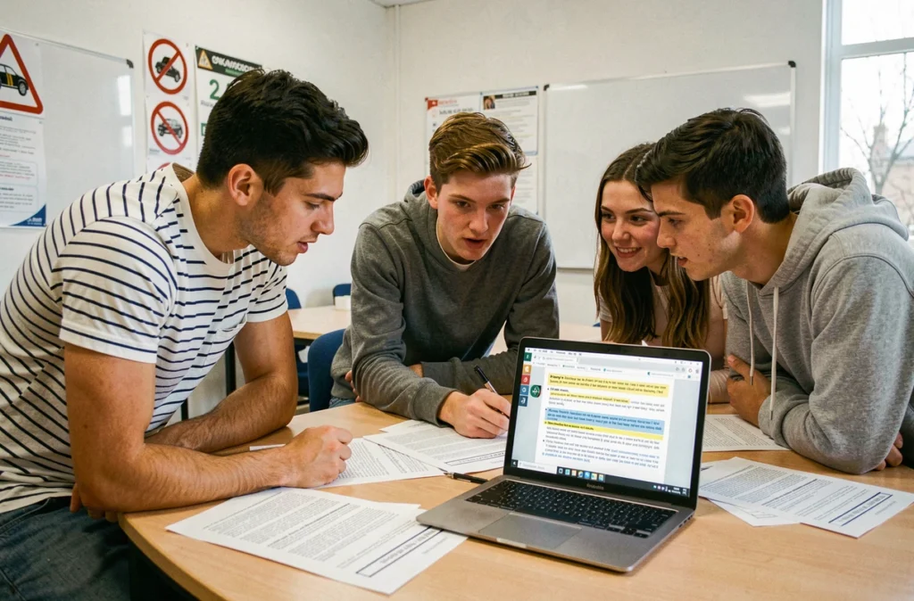 Groupe d'étudiants révisant ensemble les questions du permis de conduire dans une auto-école
