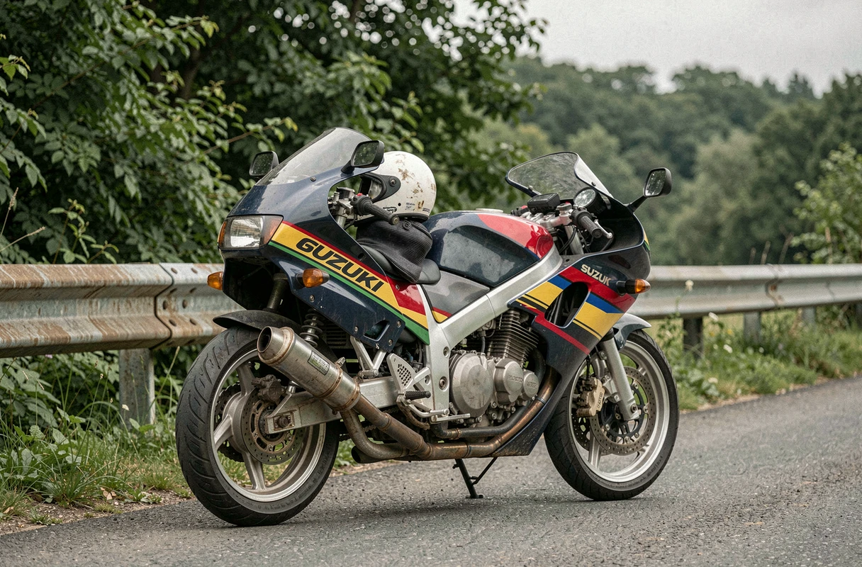 Suzuki GSXR 1100 de 1992 vue de derrière sur une route de campagne avec casque posé sur la selle, entourée de végétation verte