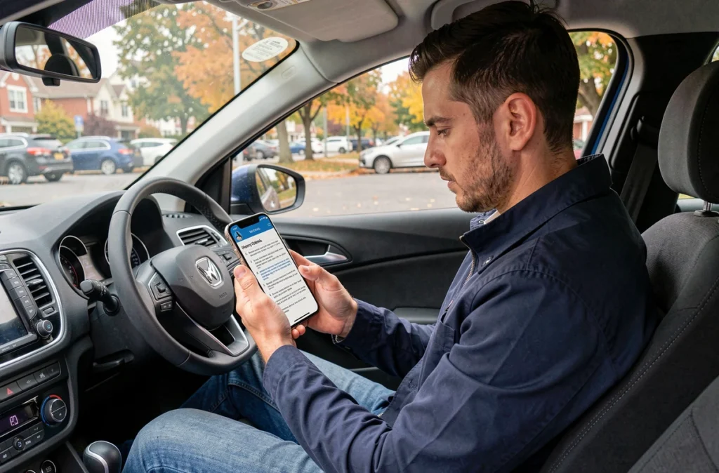 Homme consultant un PDF de questions du permis de conduire sur son téléphone dans une voiture