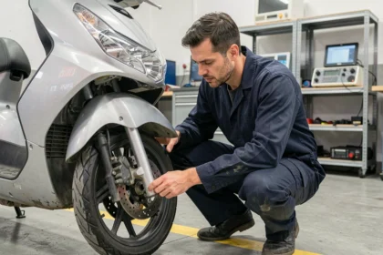 Mécanicien effectuant un contrôle technique sur un scooter urbain dans un garage agréé