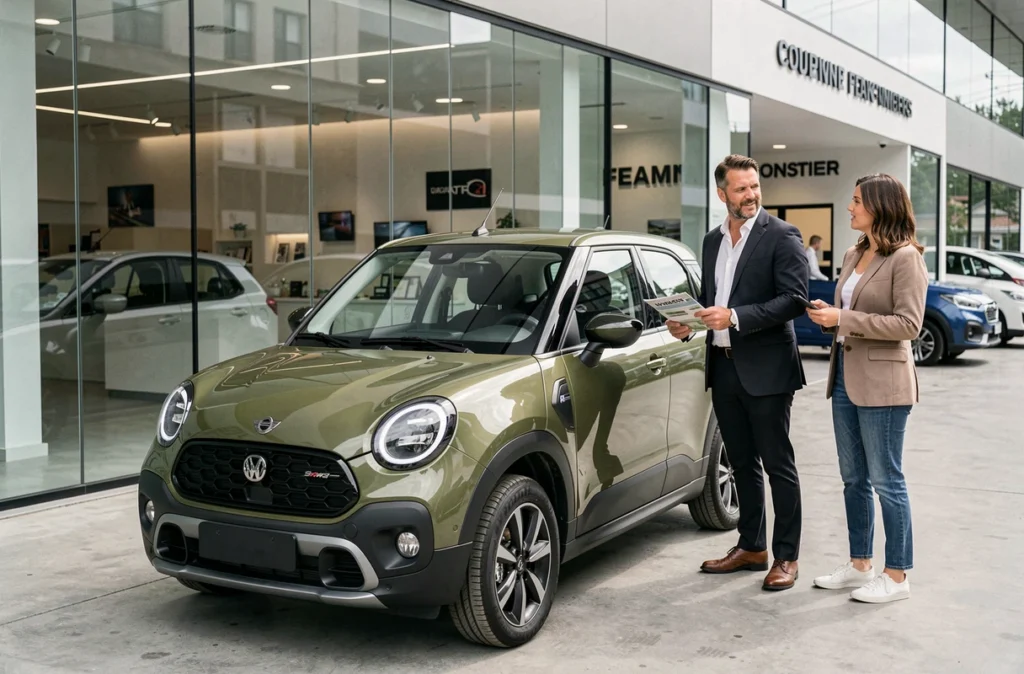 Vendeur présentant le prix d'une Mini Moke électrique devant une concession automobile moderne