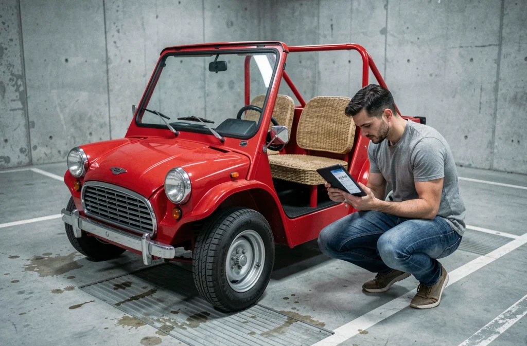 Homme inspectant une Mini Moke rouge dans un garage urbain avec fiche tarifaire sur tablette