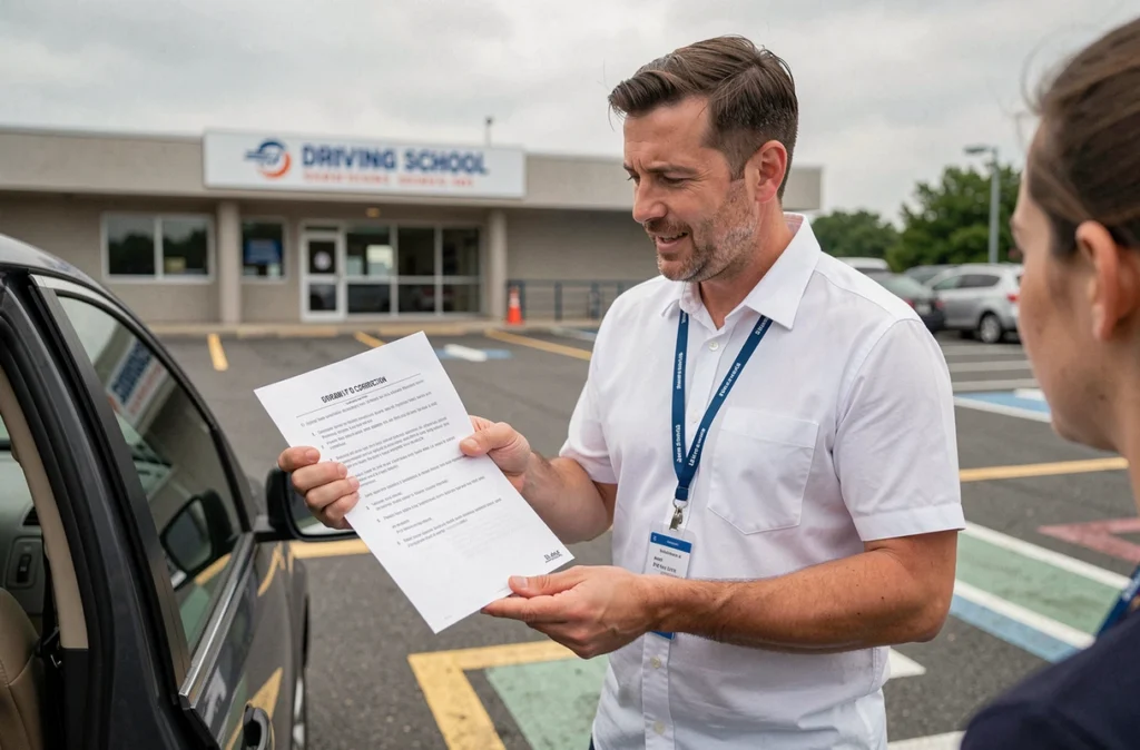 Moniteur d'auto-école expliquant les réponses corrigées des questions du permis de conduire 2026 dans un parking d'école de conduite