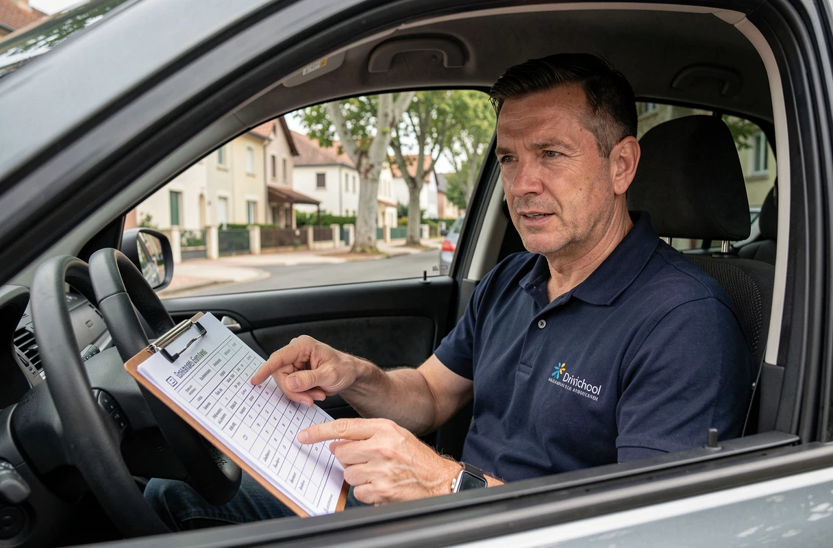 Moniteur d'auto-école tenant une grille d'évaluation du permis de conduire et expliquant les rubriques à un élève, vue portrait depuis l'extérieur du véhicule