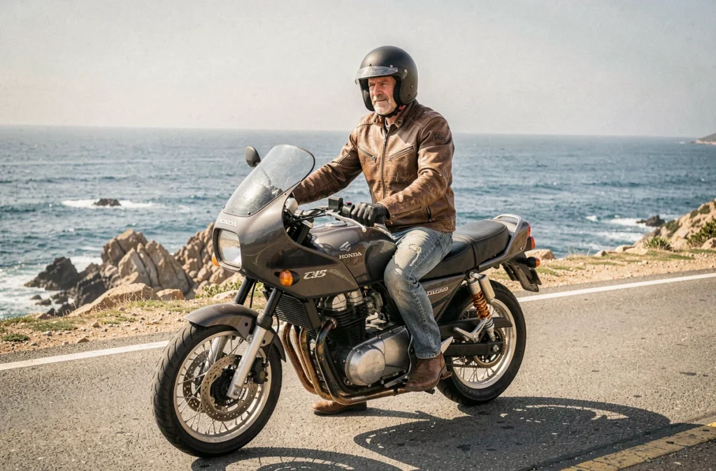 Motard en veste de cuir vintage assis sur une Honda CB Boldor 900 sur une route côtière avec vue panoramique sur l'océan