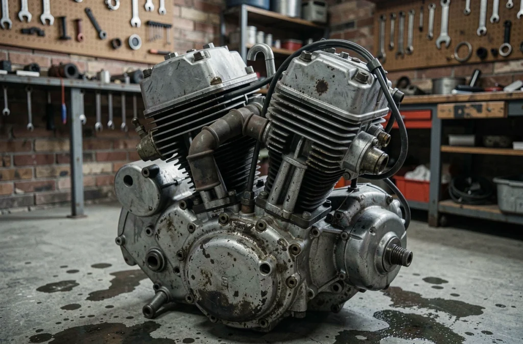 Détail du moteur quatre cylindres en ligne de la Honda CB Boldor 900 dans un atelier de restauration de motos vintage