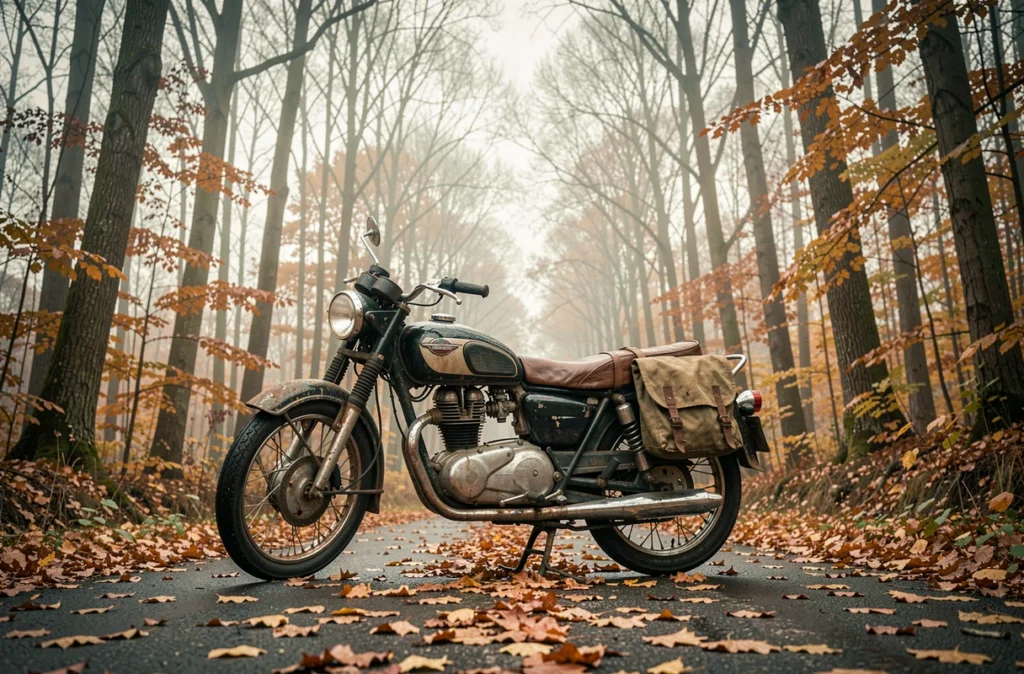 Moto vintage des années 1960 abandonnée sur une route forestière en automne, feuilles mortes sur le siège en cuir, symbole du mythe de la route lié à l'univers de Bob Dylan