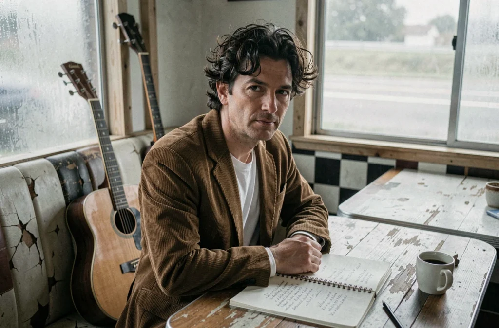Portrait d'un musicien folk dans un diner américain vintage avec guitare acoustique et carnet de paroles manuscrites, référence à l'ère créative de Bob Dylan