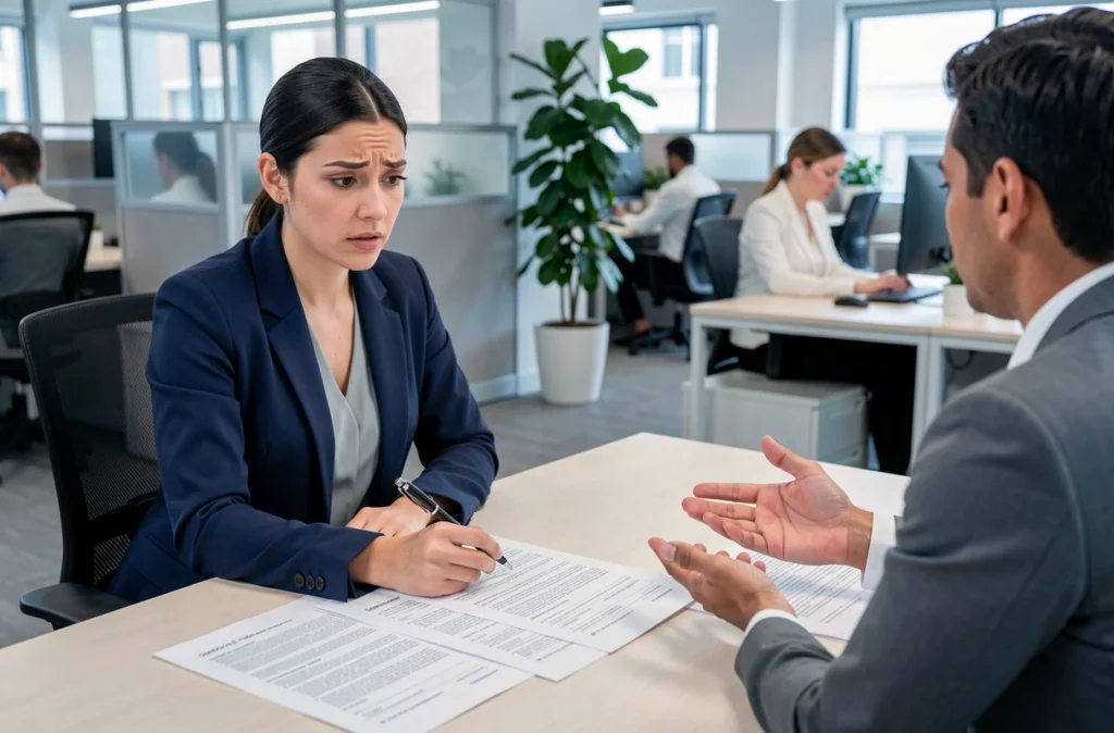 Candidate discutant les clauses de son contrat pour un poste de conductrice de voiture radar avec un recruteur en bureau