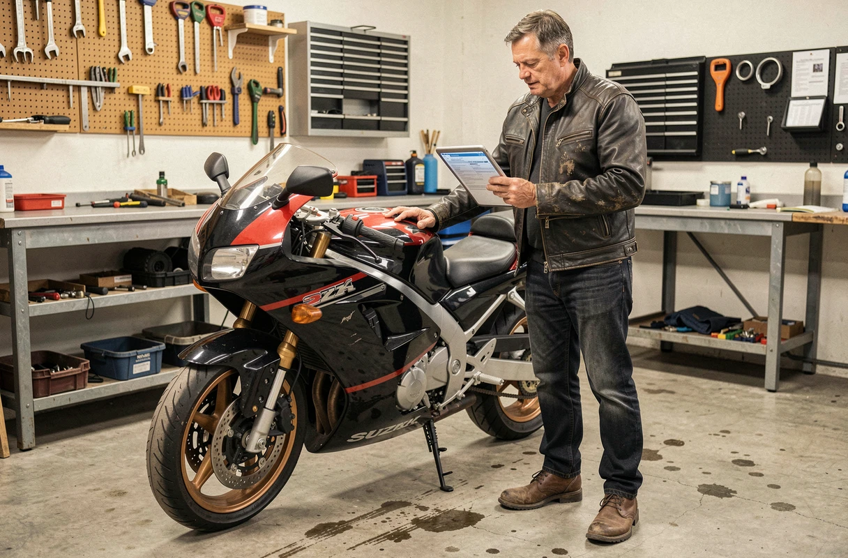Propriétaire de moto dans la quarantaine consultant des documents d'assurance sur tablette à côté de sa Suzuki GSXR 1100 de 1992 dans un garage