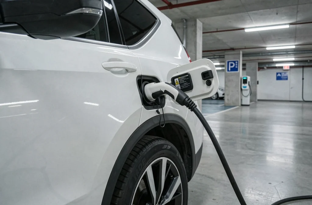 Câble de recharge branché sur un SUV hybride rechargeable dans un parking souterrain équipé