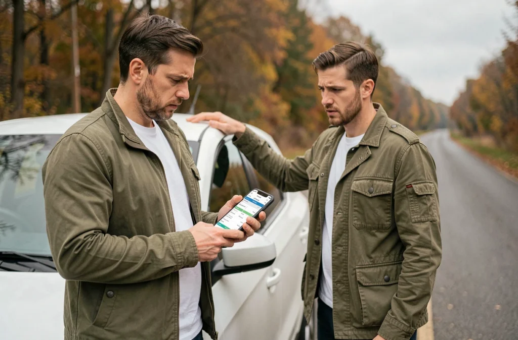 Opérateur de véhicule radar privé consultant une simulation de salaire sur smartphone à côté de son véhicule banalisé