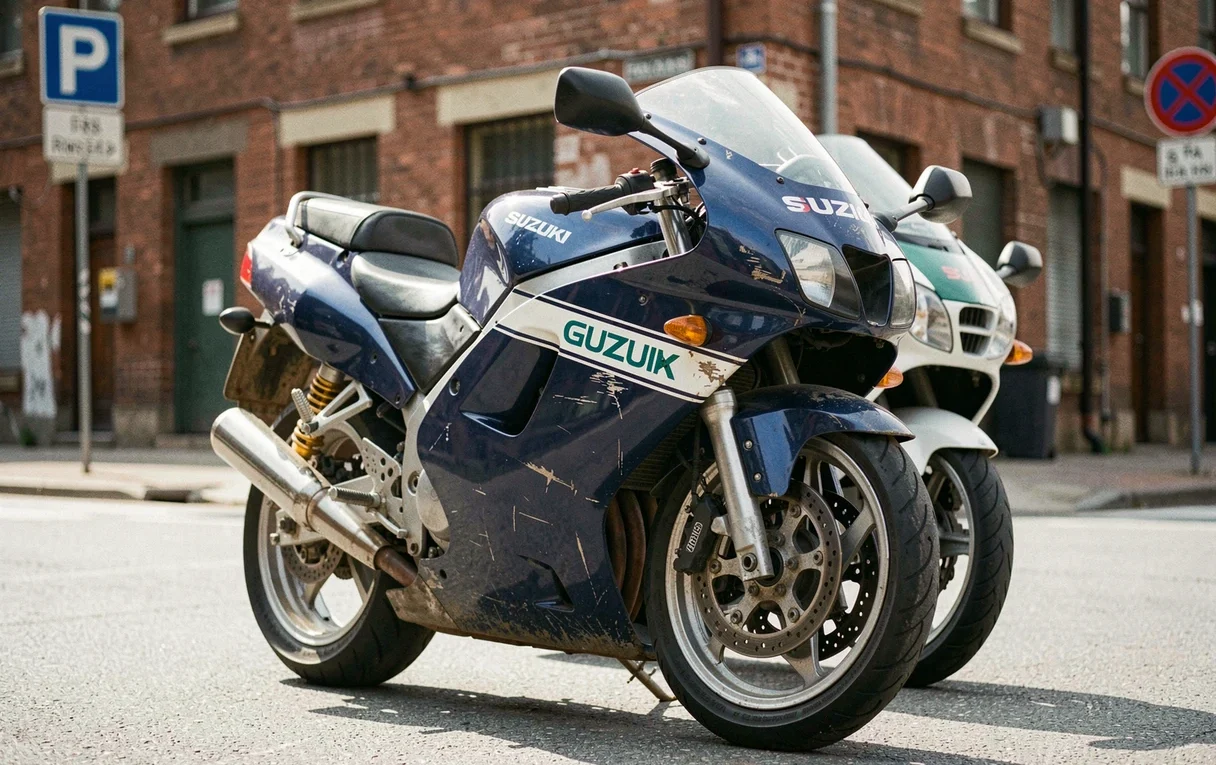 Moto Suzuki GSXR 1100 de 1992 garée dans une rue urbaine, vue de face en angle 3/4, carénages bleus et blancs avec patine authentique