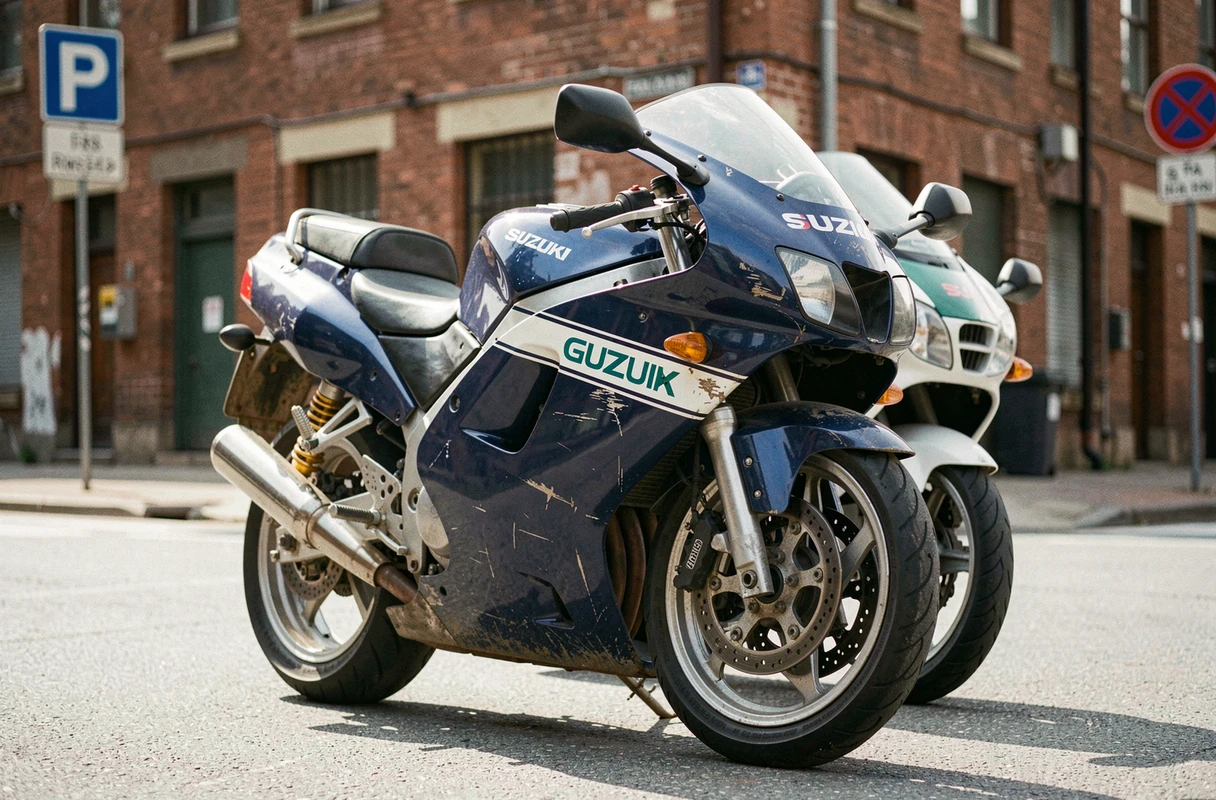 Moto Suzuki GSXR 1100 de 1992 garée dans une rue urbaine, vue de face en angle 3/4, carénages bleus et blancs avec patine authentique