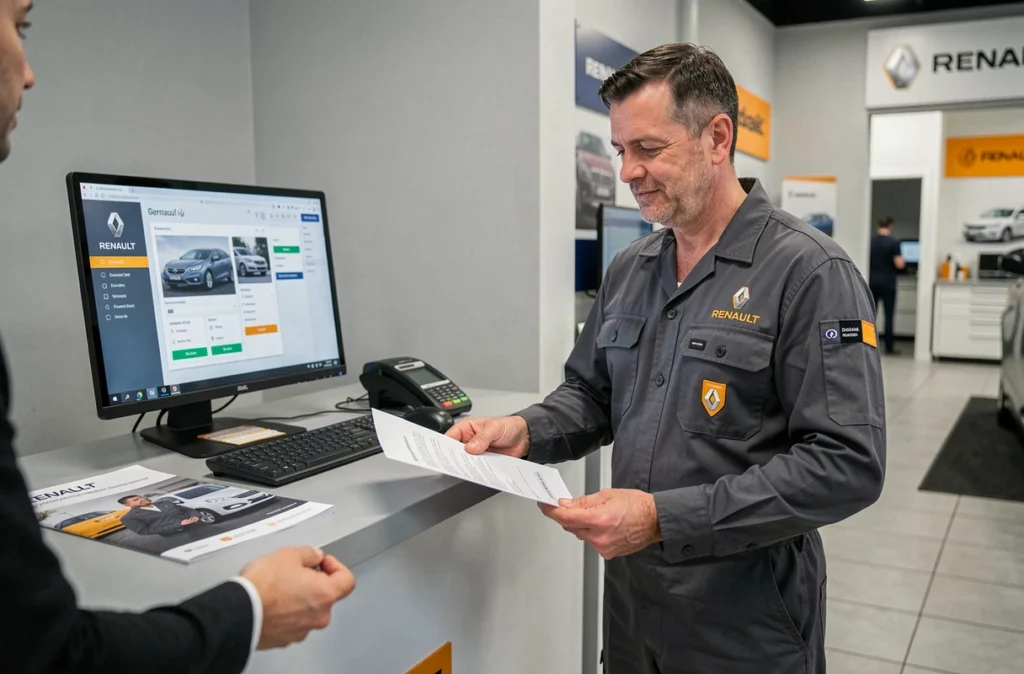 Technicien Renault remettant un document de code radio à un client dans un centre de service agréé