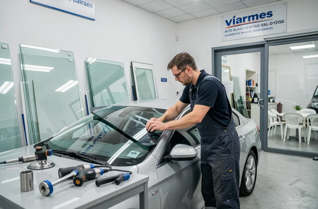Technicien posant un pare-brise chez A+Glass à Viarmes dans le Val-d'Oise