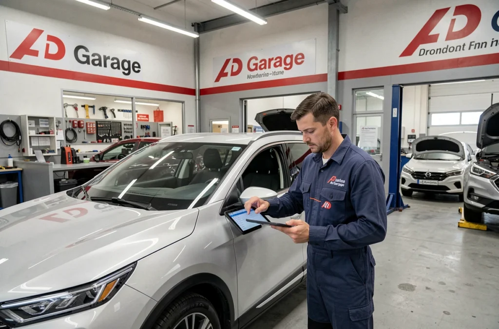 Mécanicien réalisant un contrôle multipoint avec une tablette dans un atelier AD Garage dans le Nord
