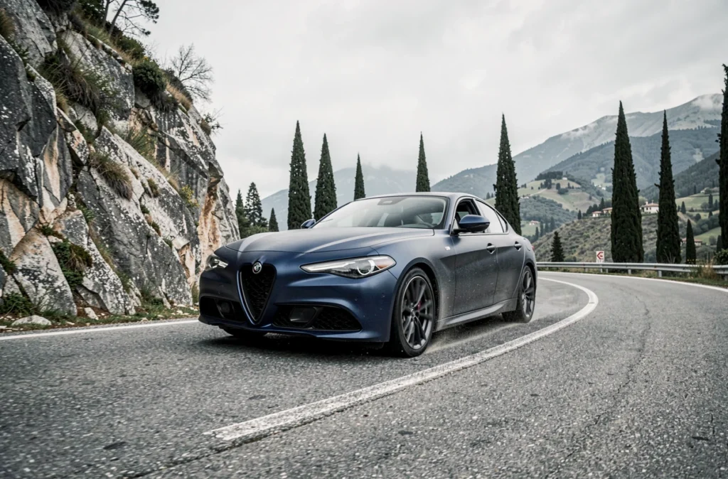 Alfa Romeo Giulia bleu mat en virage sur une route de montagne italienne sinueuse entourée de cyprès et de falaises