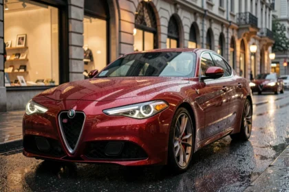 Alfa Romeo Giulia rouge métallique garée sur une rue urbaine mouillée, vue en angle trois quarts avant, reflets de ville sur la carrosserie