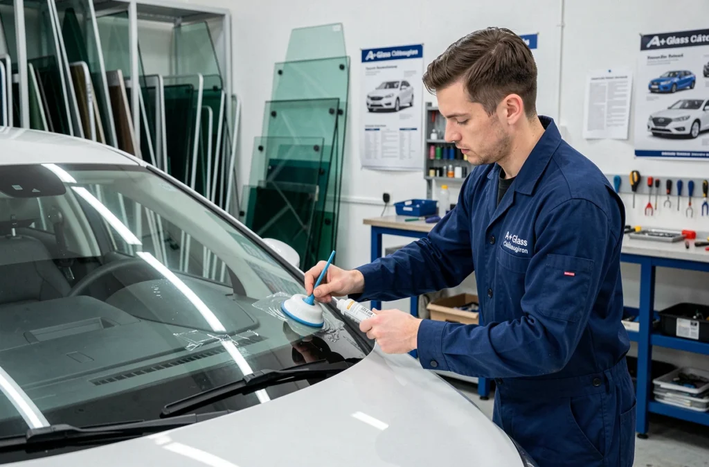 Technicien de A+Glass Châteaugiron remplaçant un pare-brise sur une berline blanche dans un atelier spécialisé en vitrage automobile
