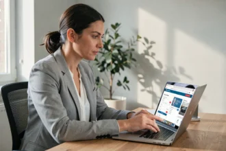 Femme consultant un site d'assurance auto en ligne sur un ordinateur portable dans un bureau à domicile moderne