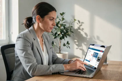 Femme consultant un site d'assurance auto en ligne sur un ordinateur portable dans un bureau à domicile moderne