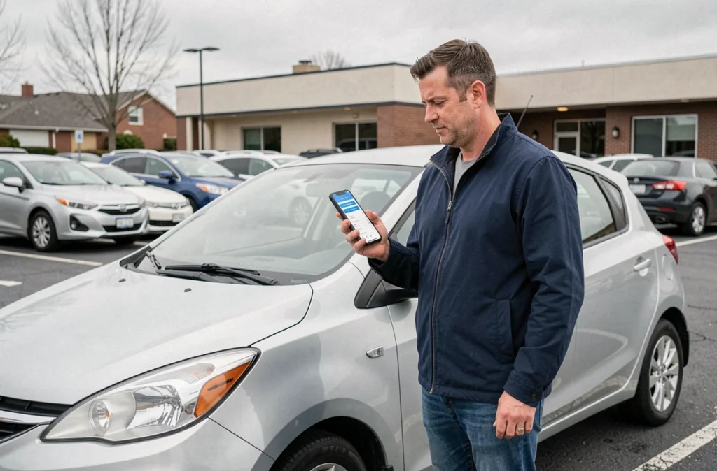 Homme recherchant une assurance auto sans premier versement sur son smartphone près de son véhicule