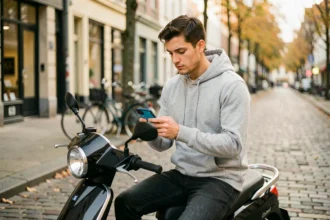 Jeune homme consultant une application d'assurance scooter sur son smartphone en ville
