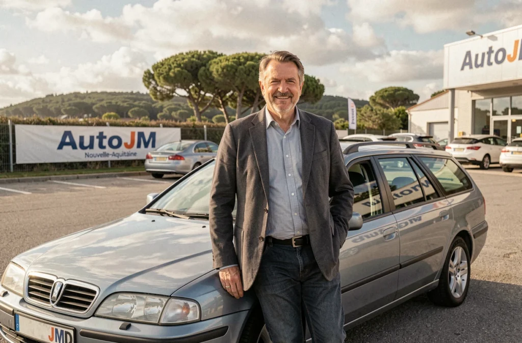 Vendeur AutoJM Nouvelle-Aquitaine appuyé sur un break d'occasion dans le parc de la concession régionale
